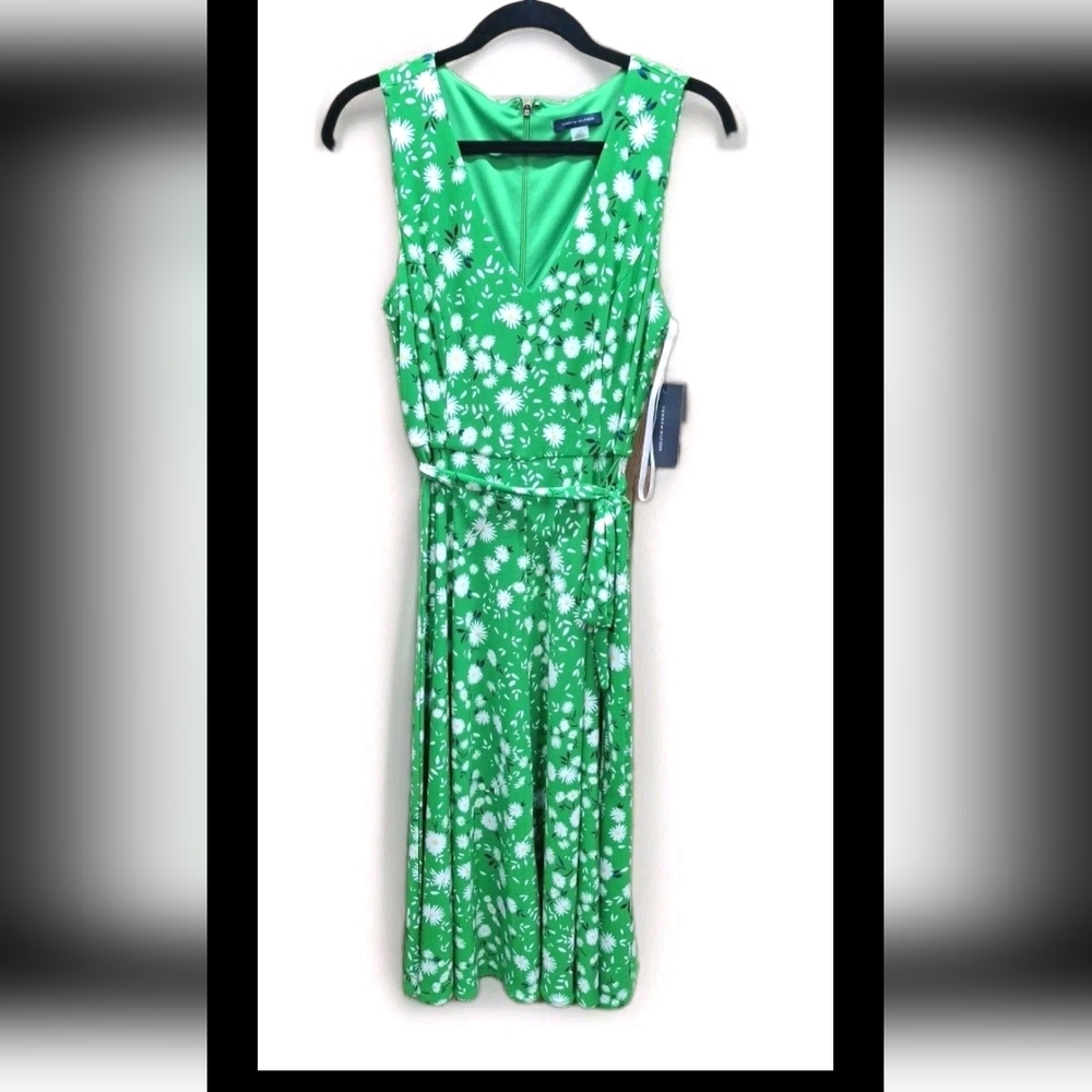 Tommy Hilfiger Midi Spring Green Daisy Sleeveless Belted Dress Flare Sz 10 NWT